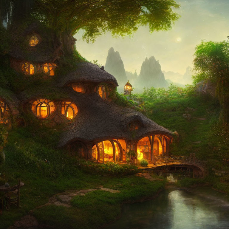 Twilight scene of cozy hobbit-style house on green hillside by stream