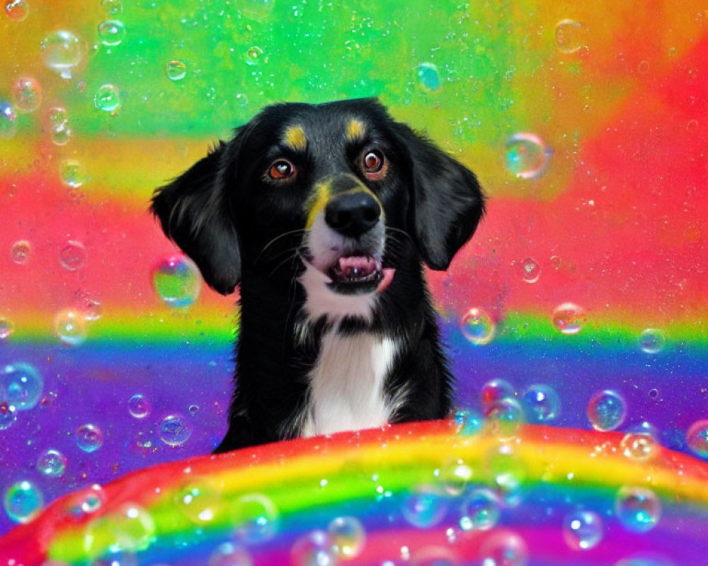 Wide-eyed black and white dog on vibrant rainbow background