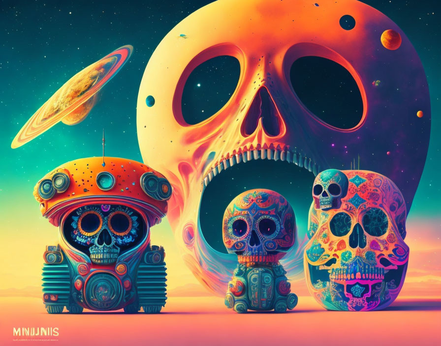 Colorful Decorated Skulls and Whimsical Robot on Psychedelic Planetary Background