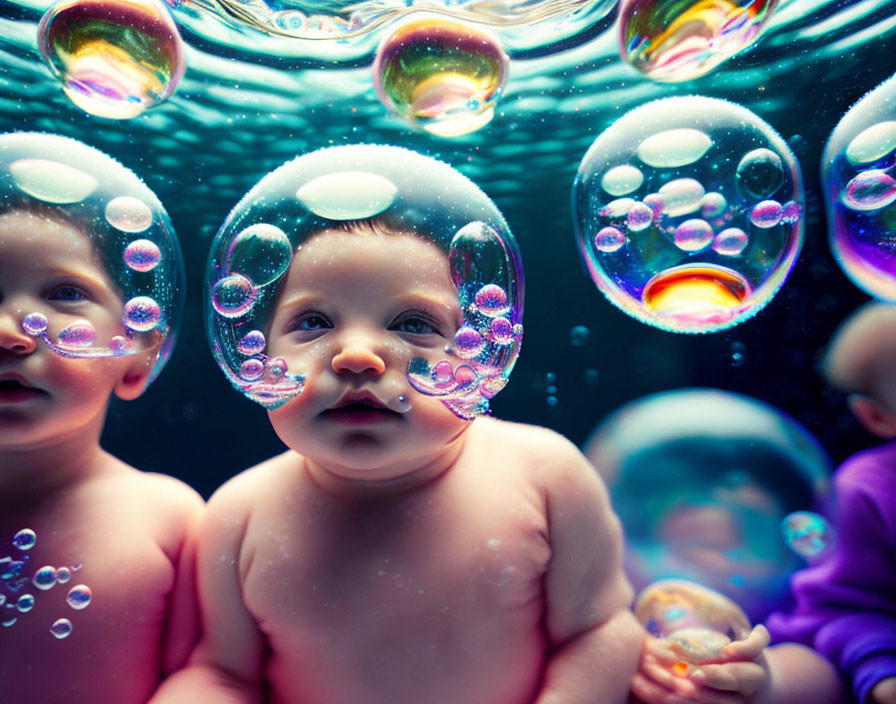 Two infants in water with colorful bubbles.