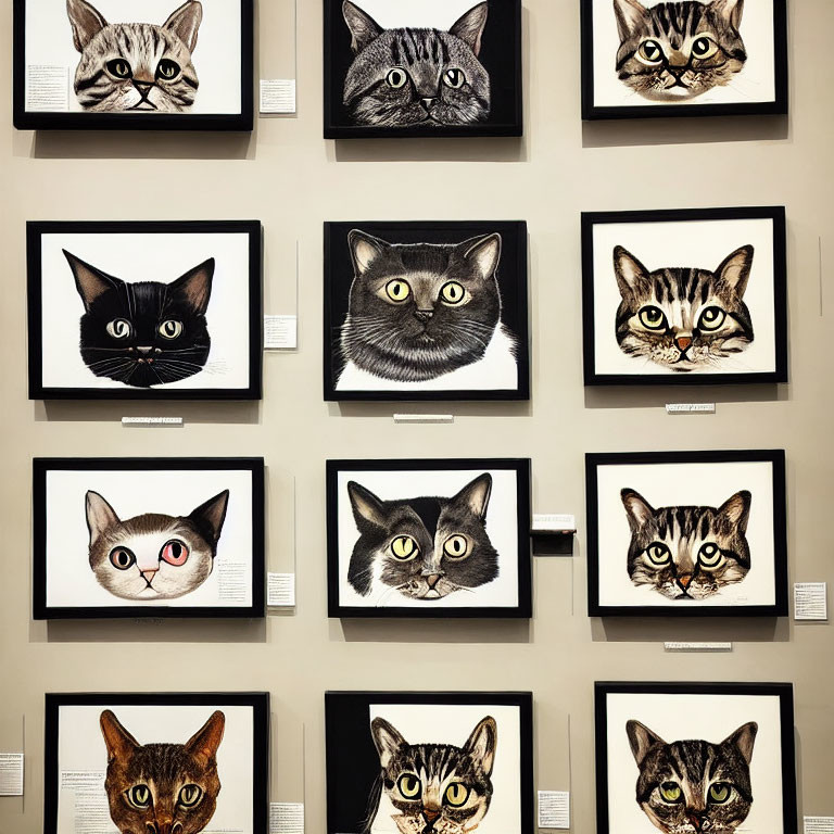 Various cat portraits with unique markings and expressions displayed in frames.