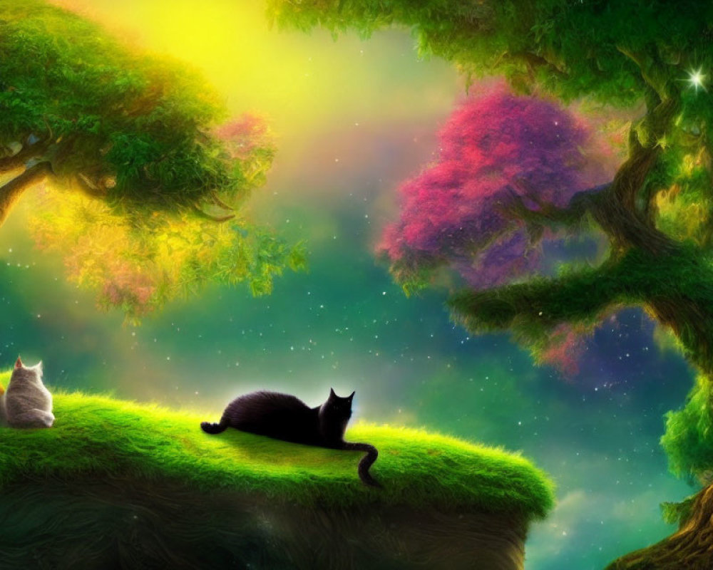 Whimsical digital art: Two cats on green floating islands under starry sky