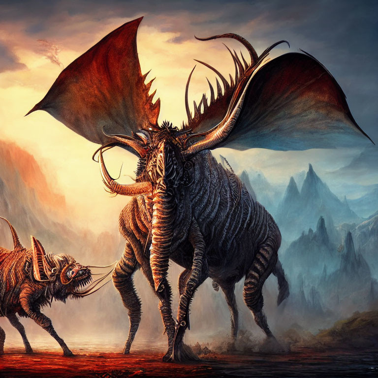 Majestic horned creatures in fiery sky and mountain landscape