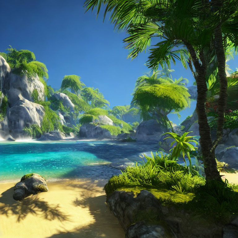 Tranquil tropical beach with palm trees, clear blue waters, and rocky formations