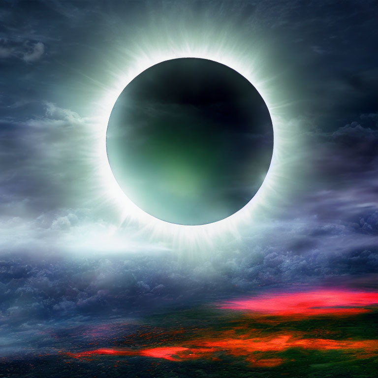 Vivid solar eclipse over surreal landscape with radiant horizon