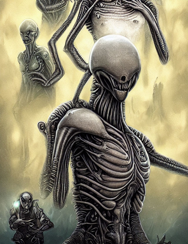 Surreal illustration of skeletal alien-like creatures in misty backdrop