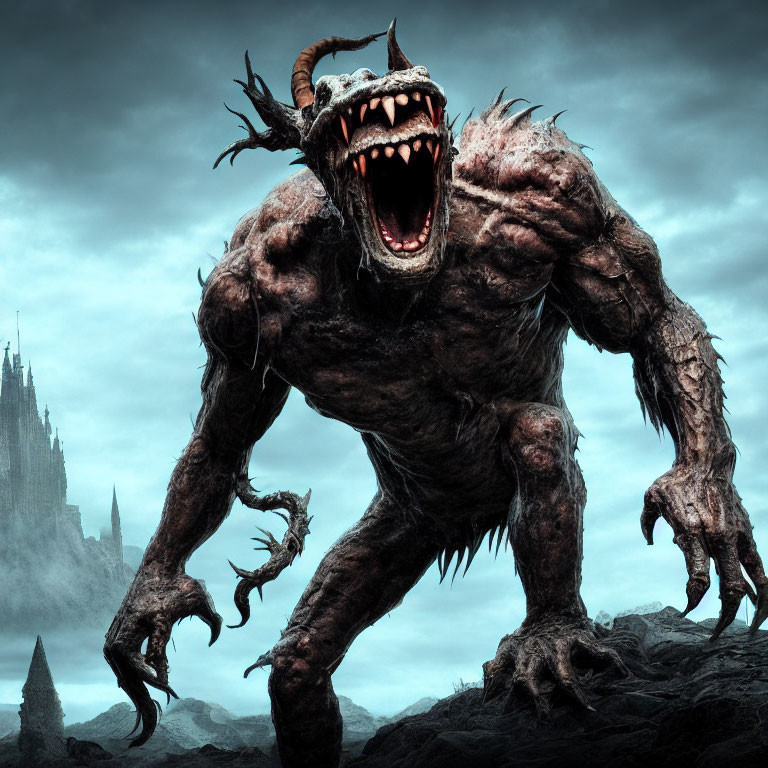 Menacing beast with horns and sharp teeth in front of gloomy sky and castle ruins