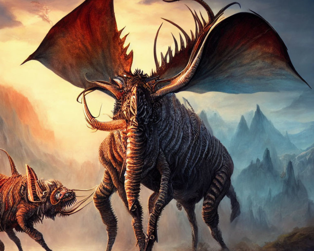 Majestic horned creatures in fiery sky and mountain landscape