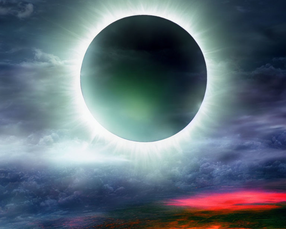 Vivid solar eclipse over surreal landscape with radiant horizon