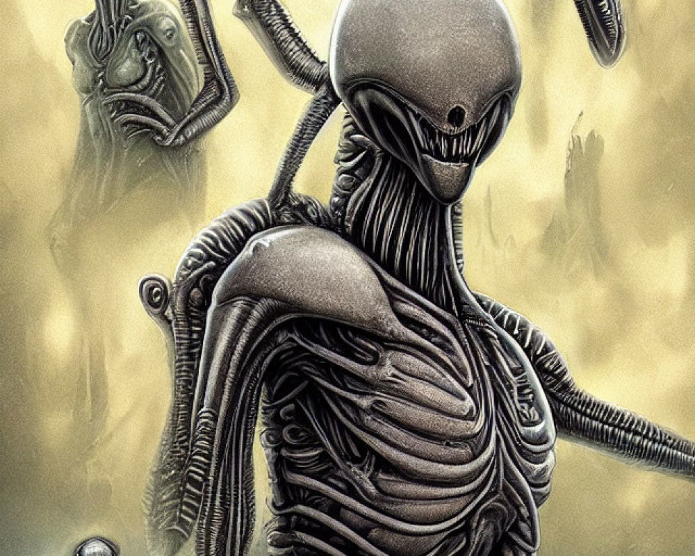 Surreal illustration of skeletal alien-like creatures in misty backdrop