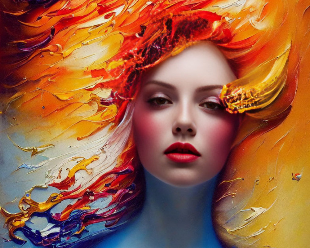 Colorful portrait blending woman's face with fiery explosion of shapes