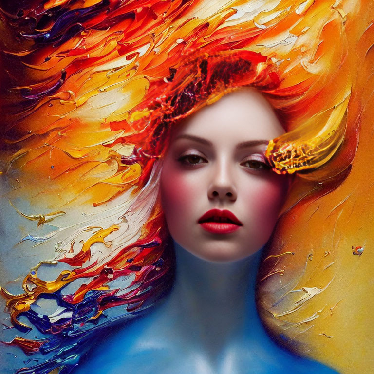 Colorful portrait blending woman's face with fiery explosion of shapes