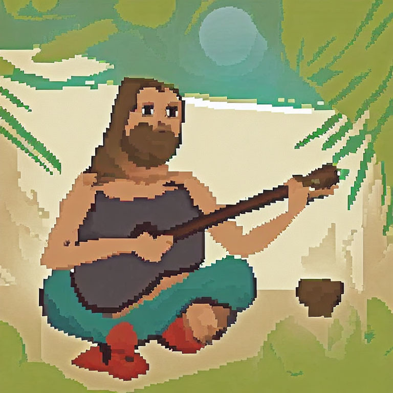 Pixelated Image: Bearded Person Playing String Instrument Outdoors