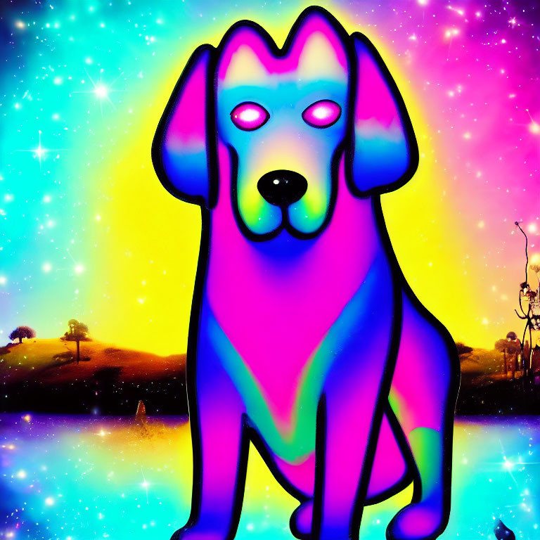 Colorful neon dog illustration on cosmic background.