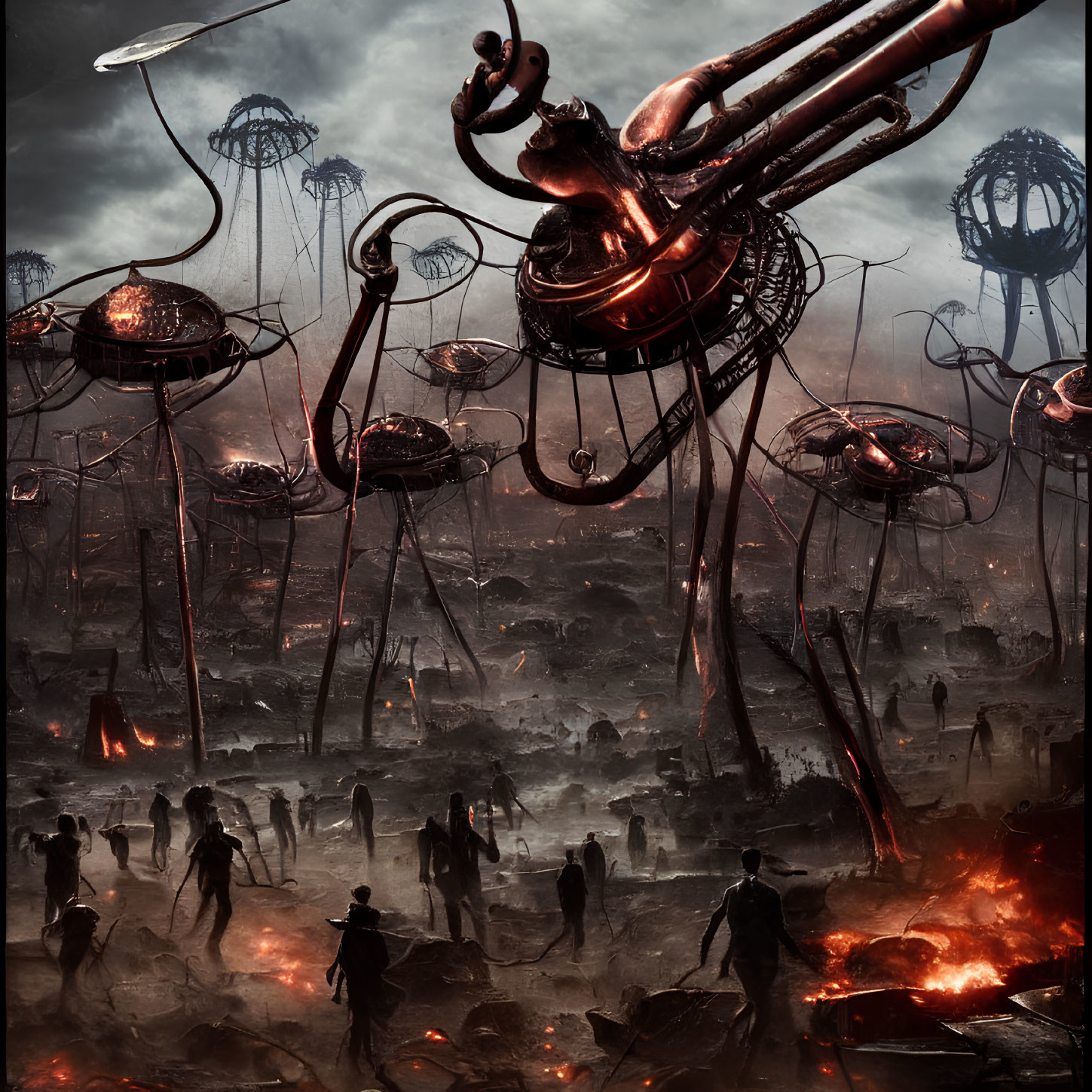 Dystopian landscape with towering tripods, molten areas, and silhouetted figures