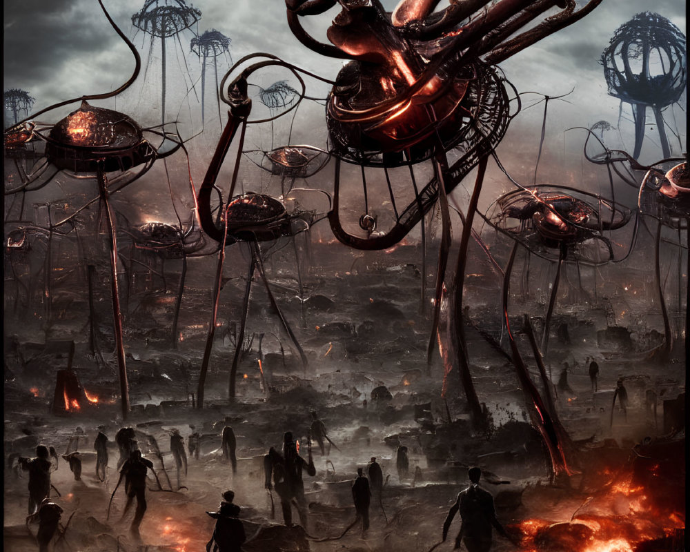 Dystopian landscape with towering tripods, molten areas, and silhouetted figures