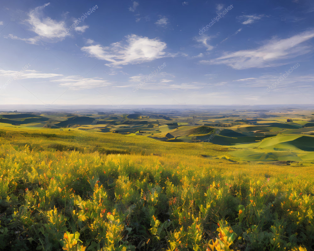 Scenic landscape with yellow wildflowers and green hills