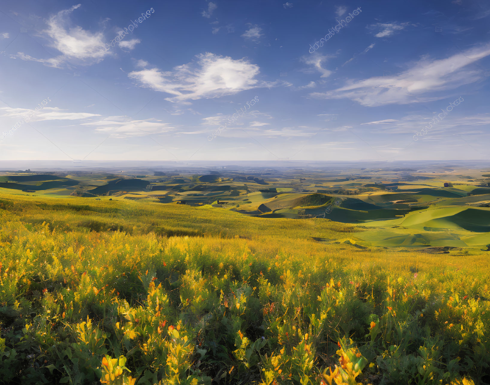 Scenic landscape with yellow wildflowers and green hills