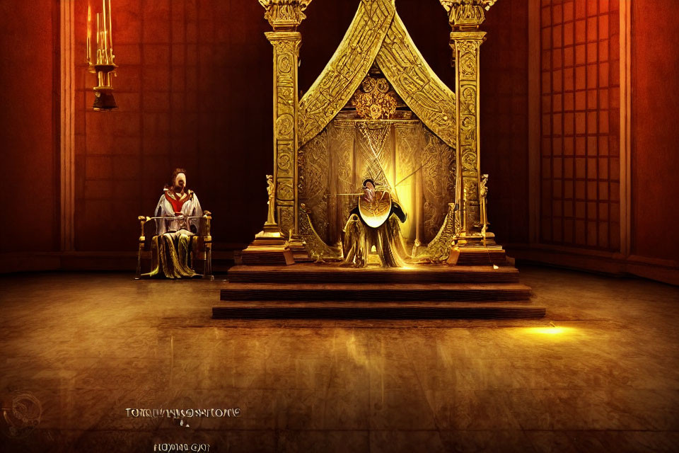 Two individuals in grand hall with throne and harp, surrounded by golden hues.