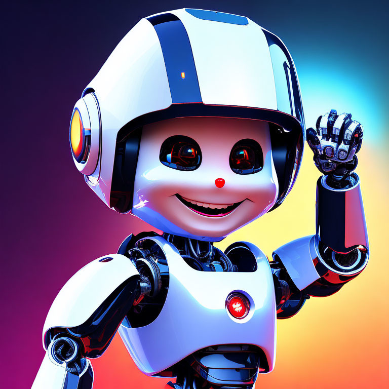 Cheerful high-tech robot with glowing red eyes on vibrant pink and blue background