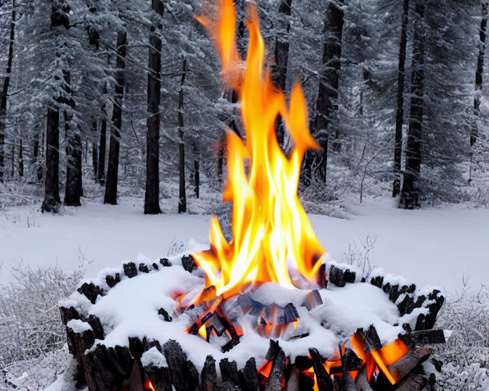 Snowy forest campfire with tall flames and logs in circle