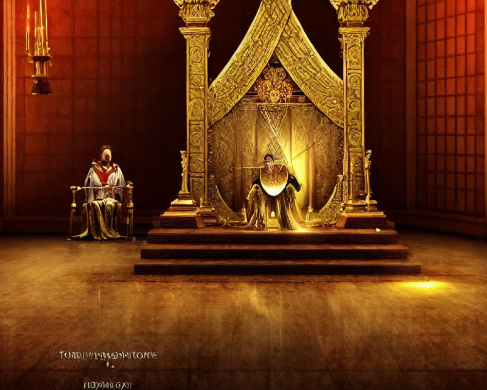 Two individuals in grand hall with throne and harp, surrounded by golden hues.