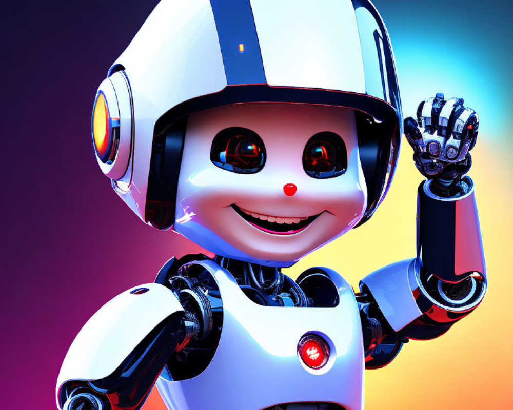 Cheerful high-tech robot with glowing red eyes on vibrant pink and blue background