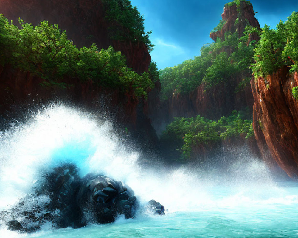 Digital Art: Vibrant Forest, Red Cliffs, Turquoise Sea & Crashing Wave