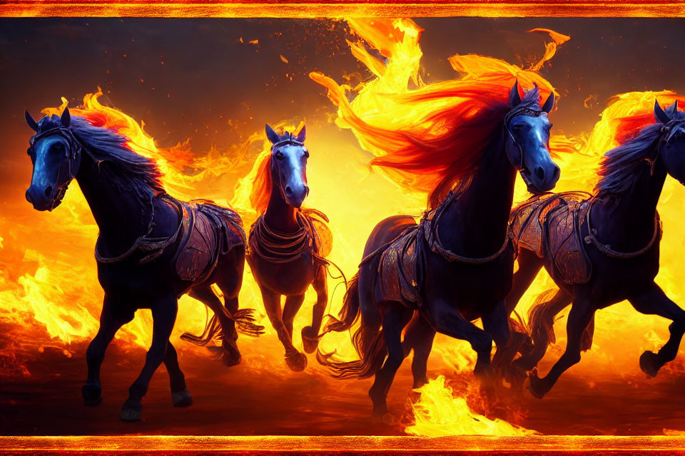 Three galloping horses with fiery manes against blazing inferno.