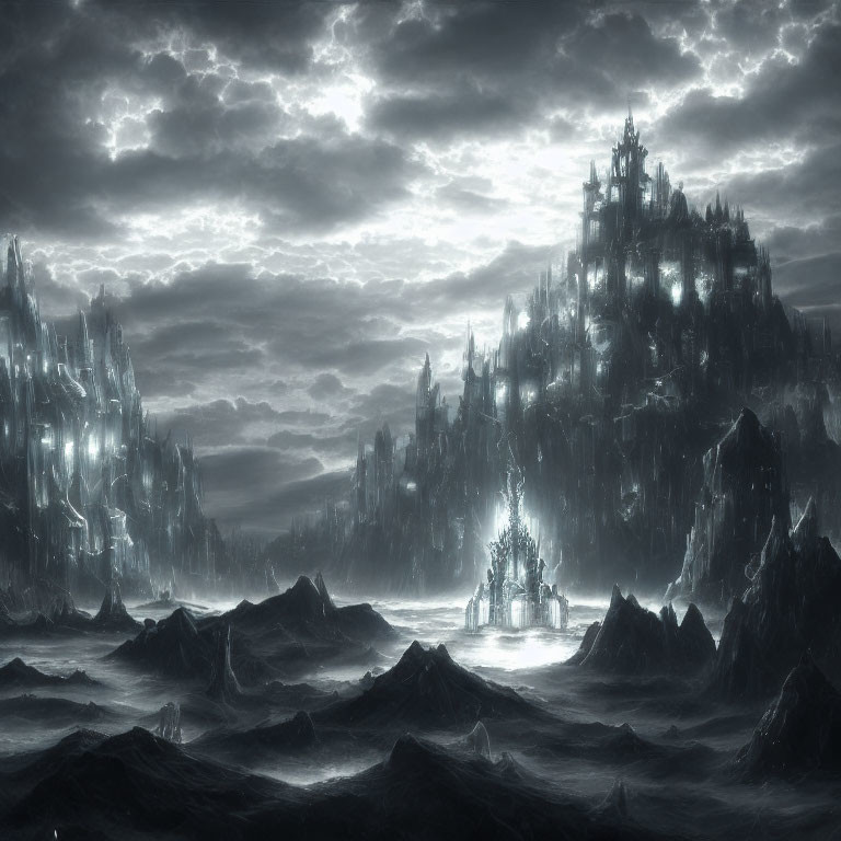 Monochromatic fantasy landscape with dark sea, rough waves, brooding sky, and towering castle.