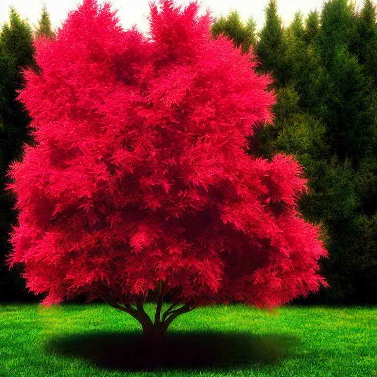 Vibrant red tree with full canopy against green conifers and trimmed lawn