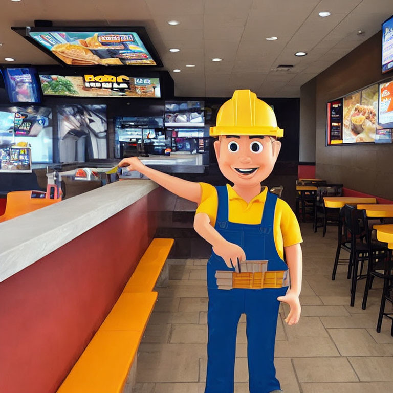 Construction worker animated character in fast-food restaurant with hard hat and brick.