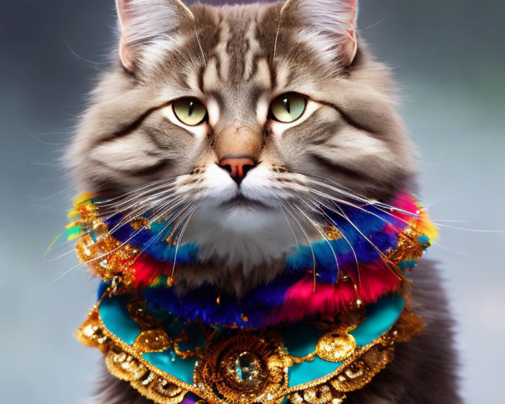 Fluffy cat with green eyes and jeweled necklace on soft background