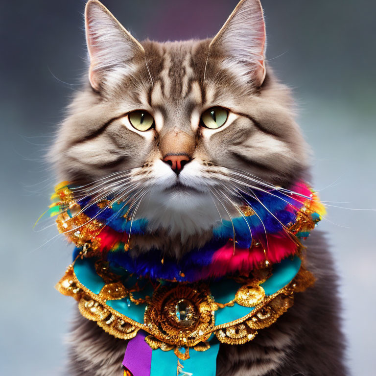 Fluffy cat with green eyes and jeweled necklace on soft background