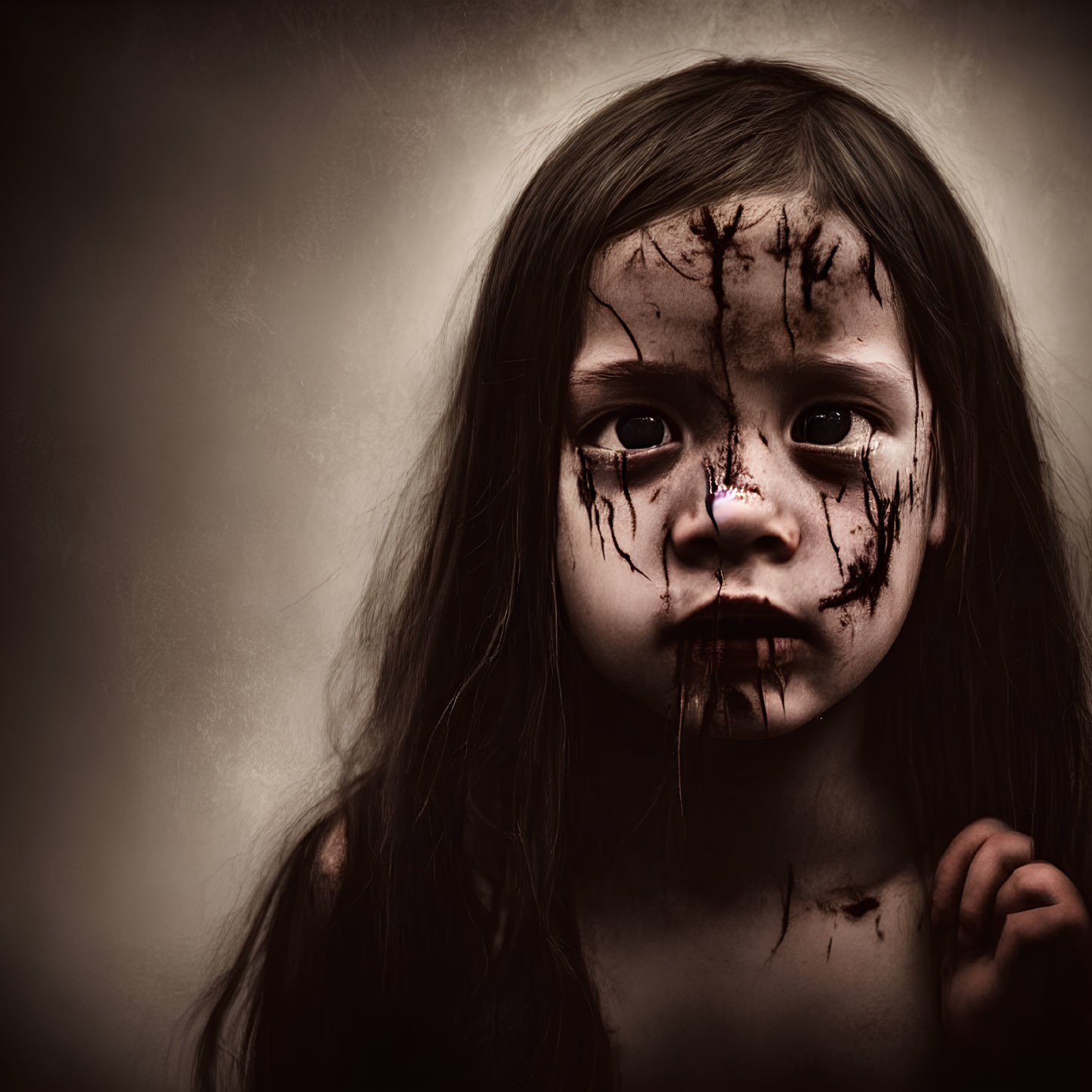 Portrait of a young girl with dark hair and captivating eyes covered in cracked, dark paint