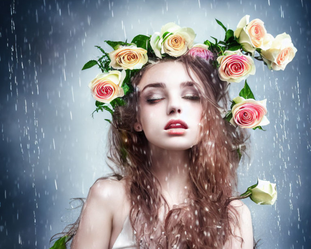 Woman wearing floral headpiece in rain, eyes closed, serene expression