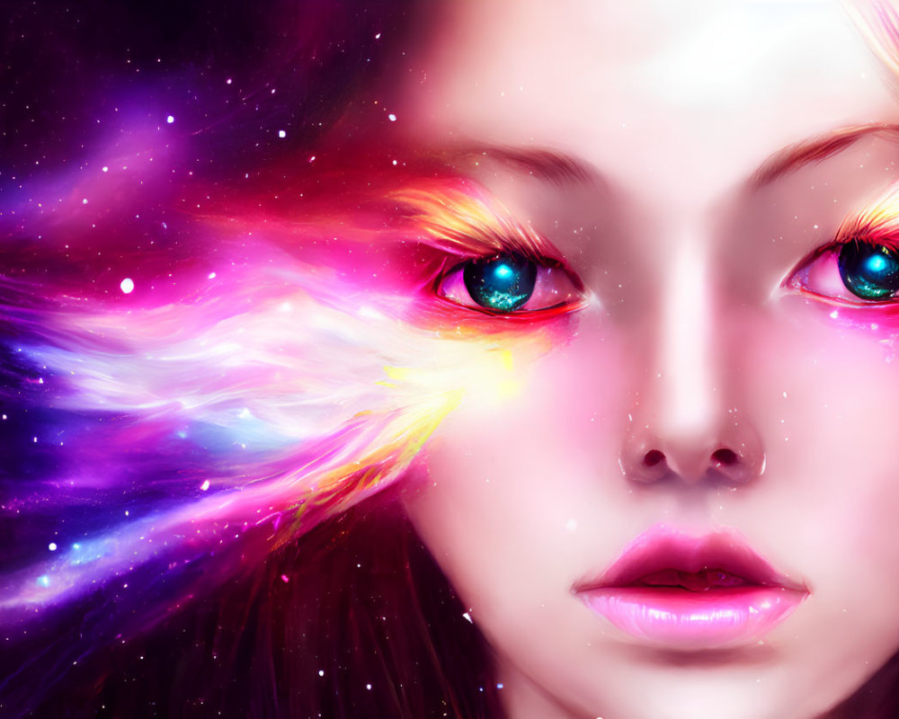 Digital art portrait blending young woman's face with cosmic nebula, blue eyes, stardust hair