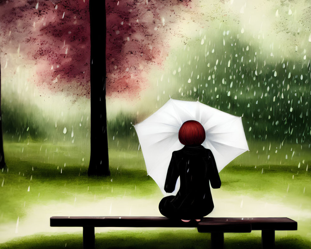 Red-Haired Person Sitting on Bench Under Umbrella in Rainy Woodland Scene