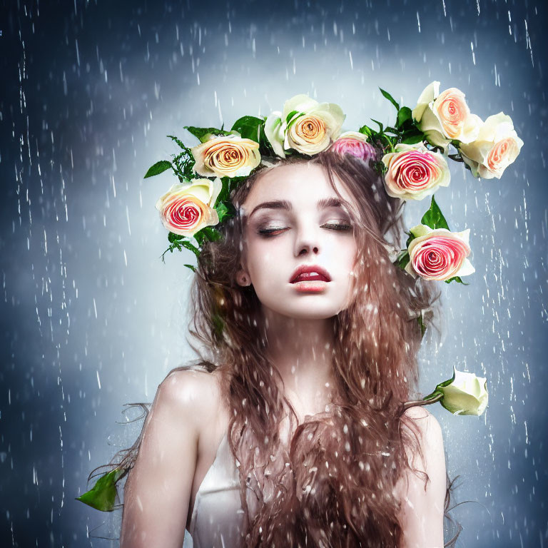 Woman wearing floral headpiece in rain, eyes closed, serene expression