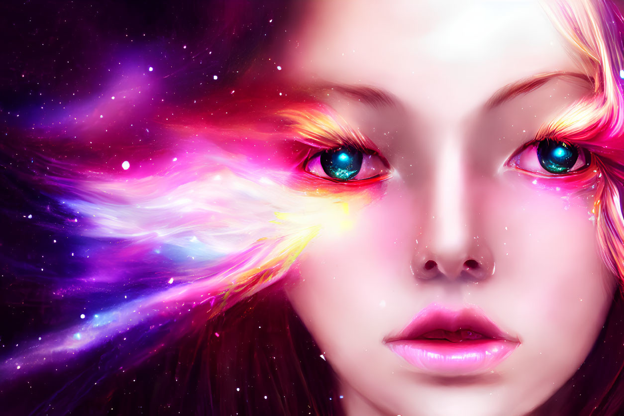 Digital art portrait blending young woman's face with cosmic nebula, blue eyes, stardust hair