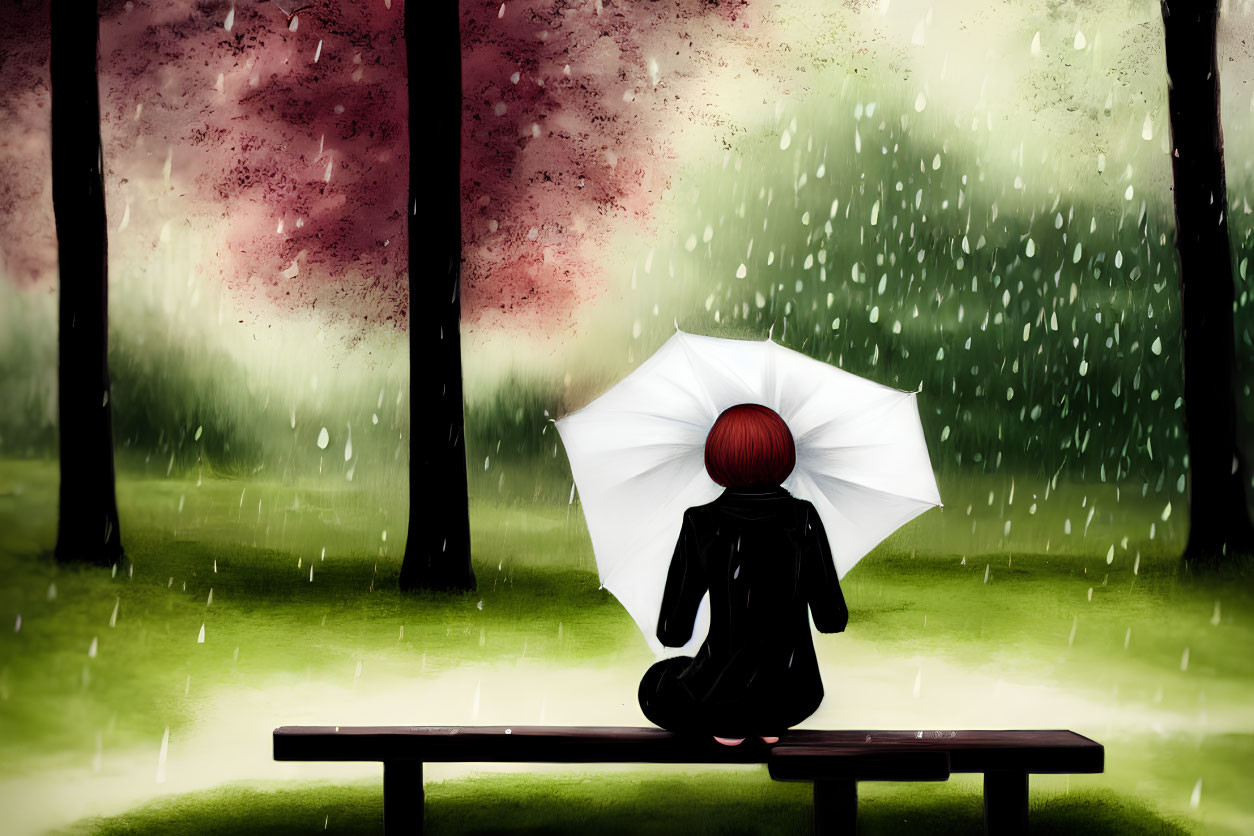 Red-Haired Person Sitting on Bench Under Umbrella in Rainy Woodland Scene