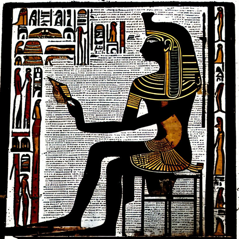 Ancient Egyptian deity reading scroll in profile view