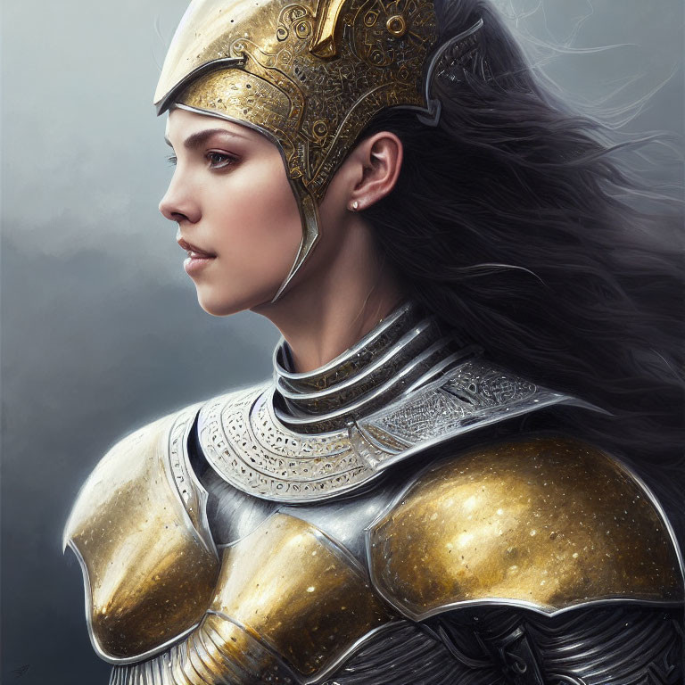 Female warrior in golden helmet and silver armor gazing into the distance