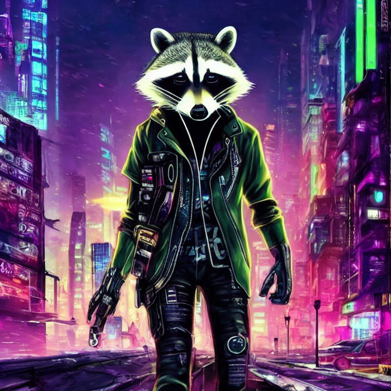 Futuristic cityscape with anthropomorphic raccoon in leather jacket