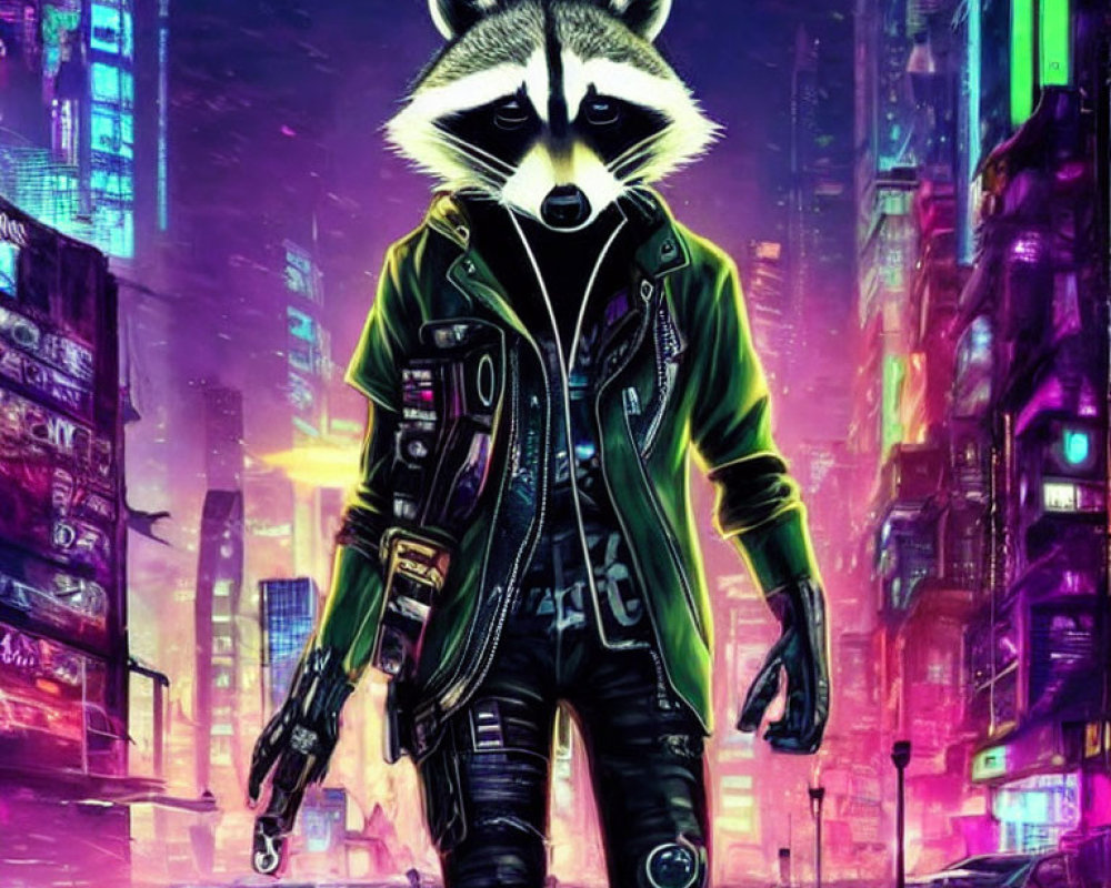 Futuristic cityscape with anthropomorphic raccoon in leather jacket