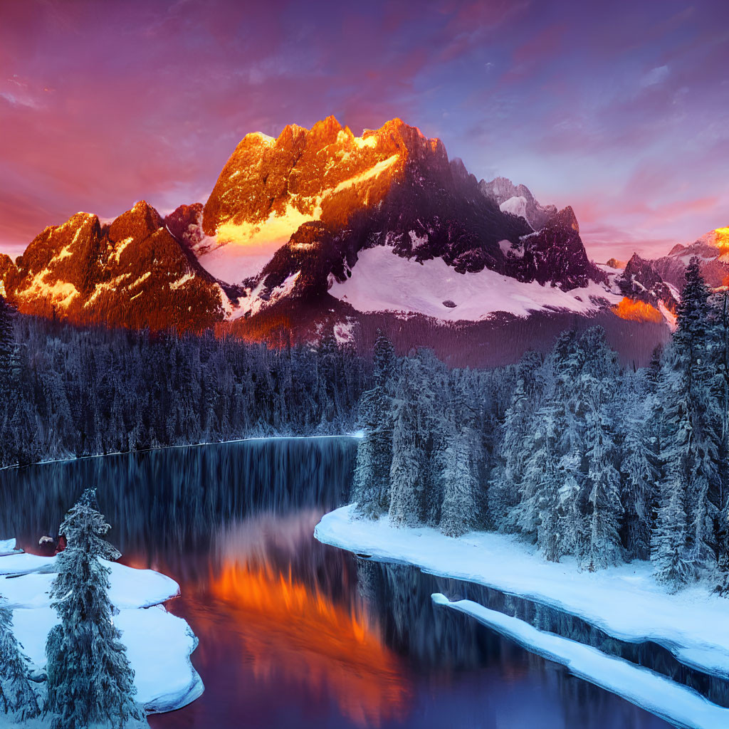 Sunrise illuminates snowy mountain peaks and forest-fringed lake in vibrant hues