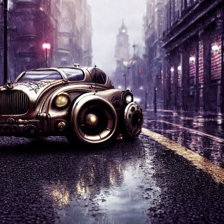 Vintage Car with Futuristic Design Parked on Wet Urban Street in Rain