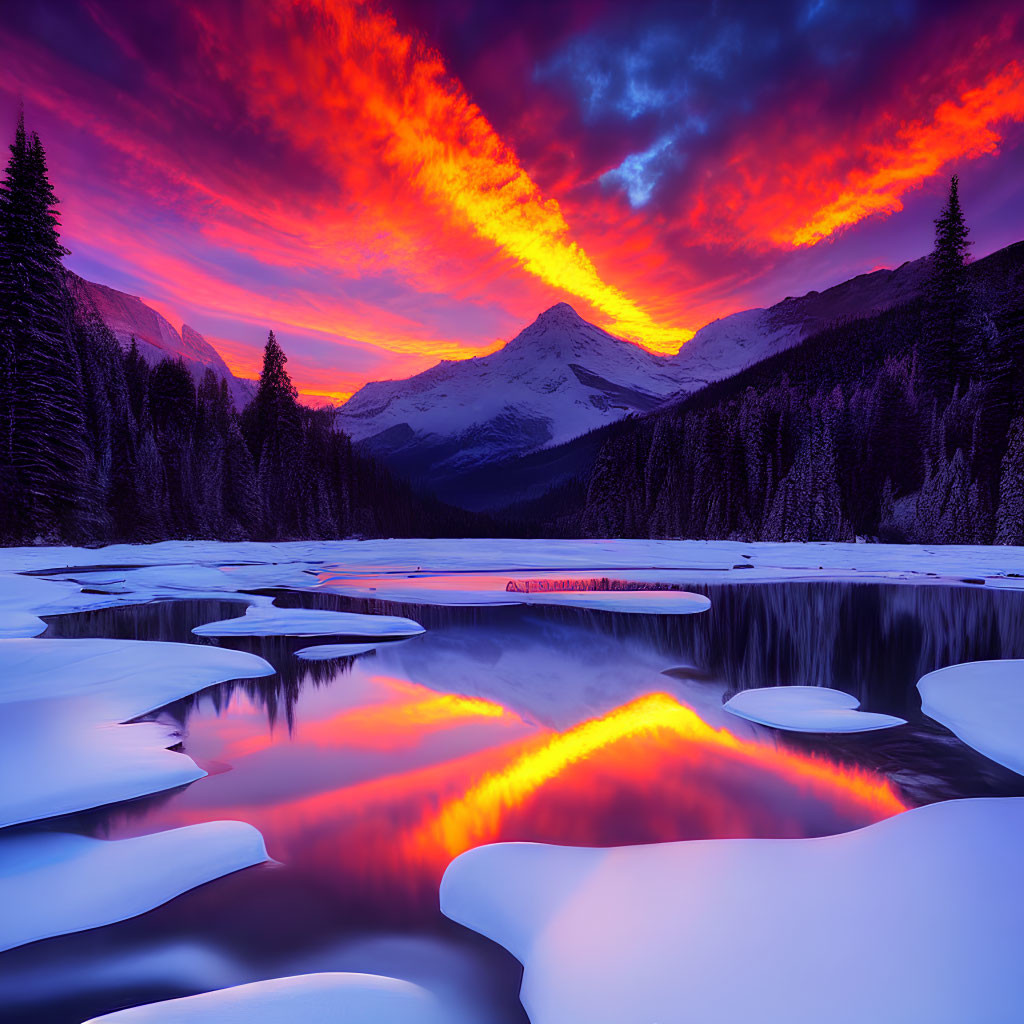 Scenic sunset over mountain lake with fiery clouds and snow patches