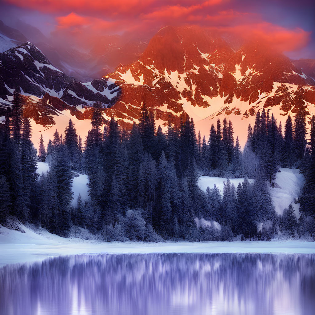 Snow-covered mountain landscape at sunset with alpine trees and serene lake