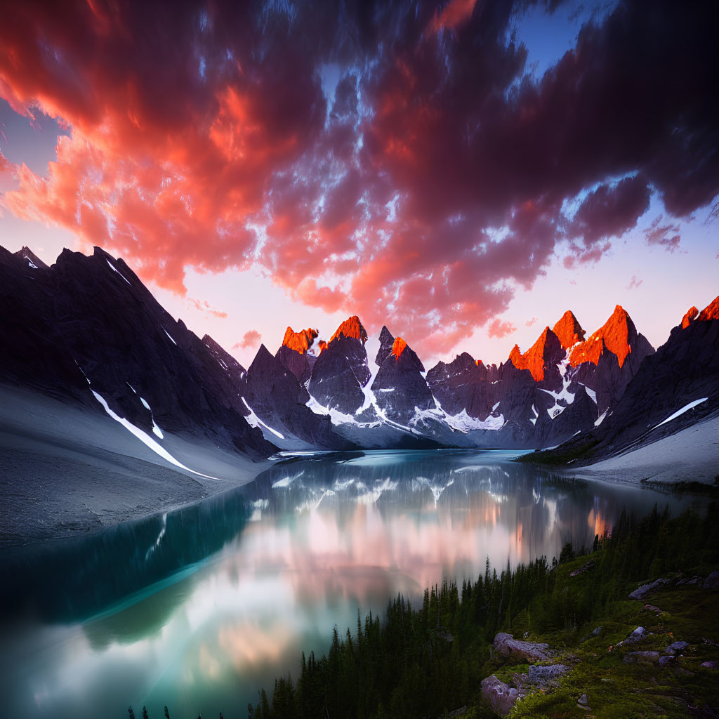 Scenic sunset over mountain lake with fiery clouds